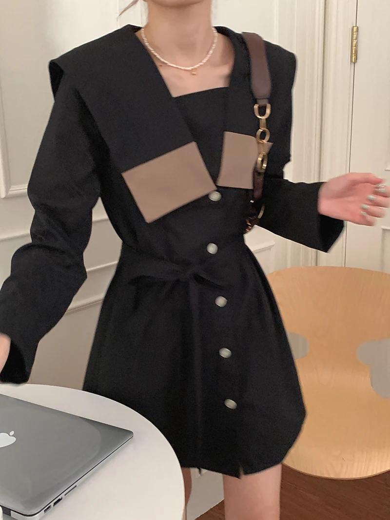 

Women Elegant Patchwork Collar Dress Vintage Sleeve Lace-up A-line Female Dress 2021 Ladies Mini Vestidos