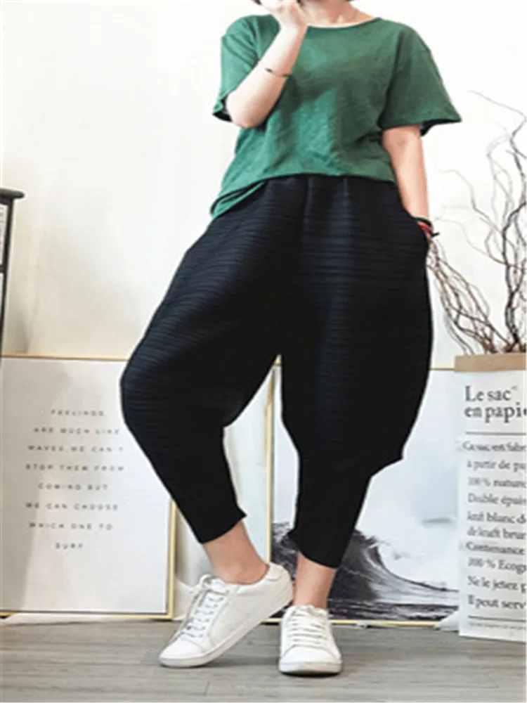 

Плиссированные укороченные штаны-шаровары Issey Miyake, свободные штаны большого размера, плиссированные голубые брюки-светильник, 2020