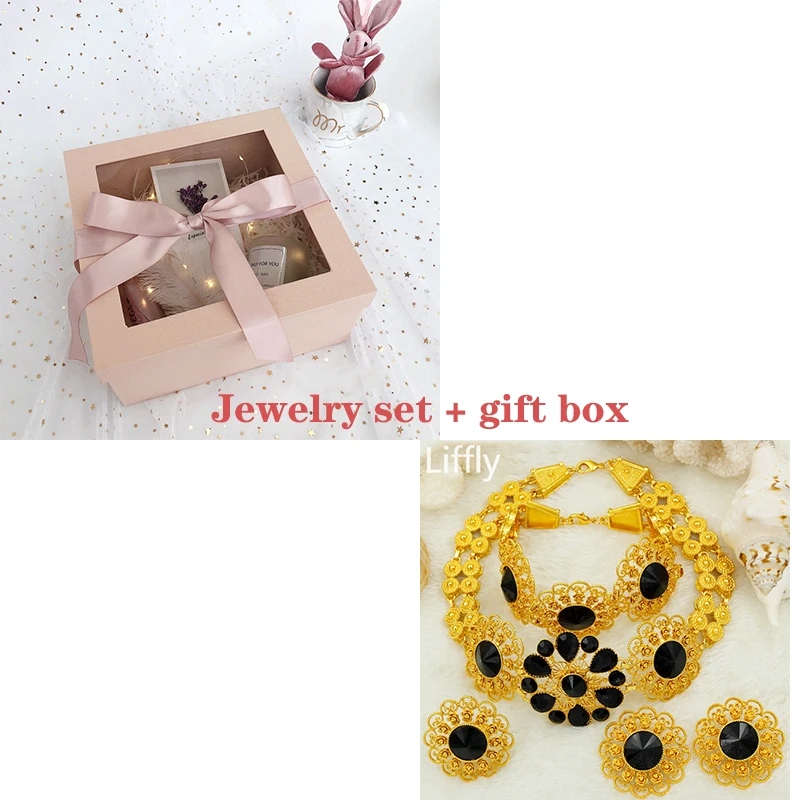 Black set and box Liffly Свадебный комплект ювелирных изделий нигерийская Свадьба Дубай золотые Ювелирные наборы для женщин африканские большие цветы ожерелье серьги ювелирные изделия - Окраска металла: Black set and box