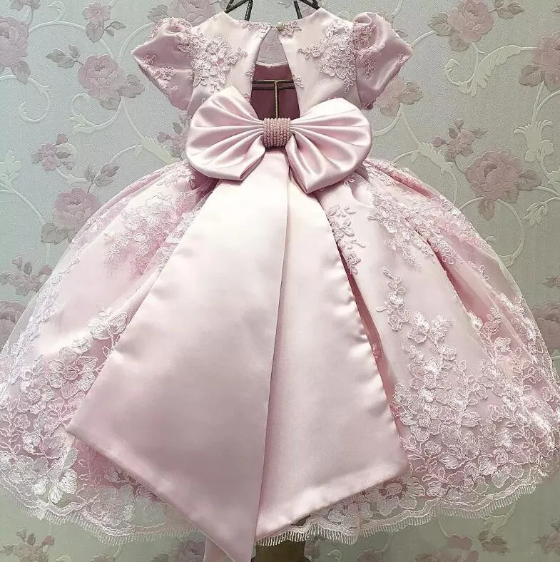 Pink Lace Baby Girls Birthday Dresses Crew Neck Flower Girl Dresses For Weddings Size 12M 18M 24M