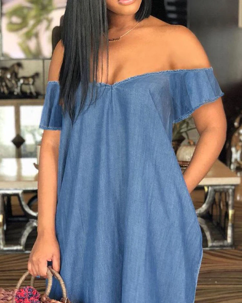 

Women Casual Plus Size Off Shoulder Loose Denim Maxi Dress