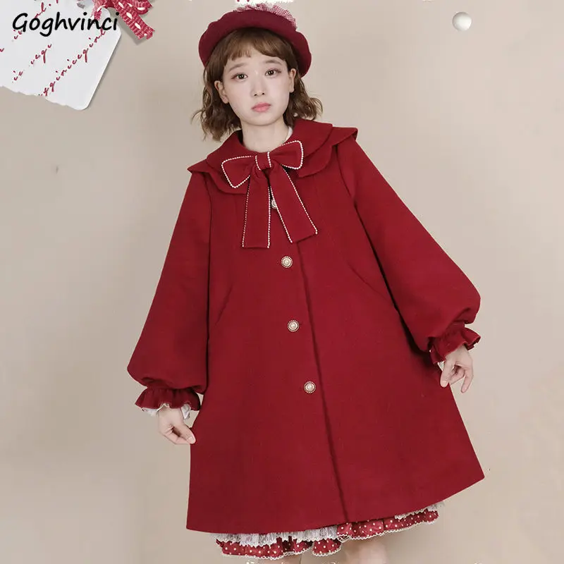 

Women Blends Autumn Bow Cute Lantern Sleeve Single Breasted Lolita Style Loose Kawaii Japanese Students Outwear Chic Female New