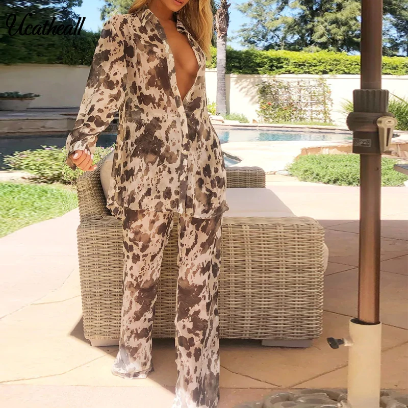 Ladies Clothes Sexy 2 Pieces Sets Trun Down Collar Print Long Coat+wide Pants Outfits Suits Party Clubwear Women Two Piece Set |