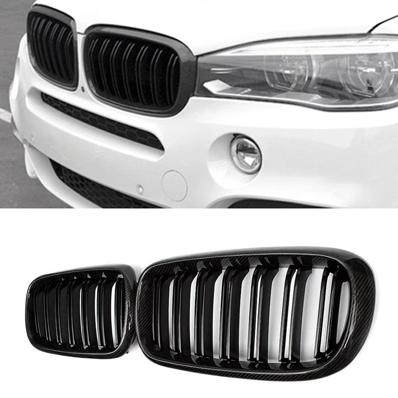 

Car Carbon Fiber&Gloss Black Double Slats Front Kidney Grille Grill For-BMW X5 F15 X6 F16 X5M F85 X6M F86 2014-2018