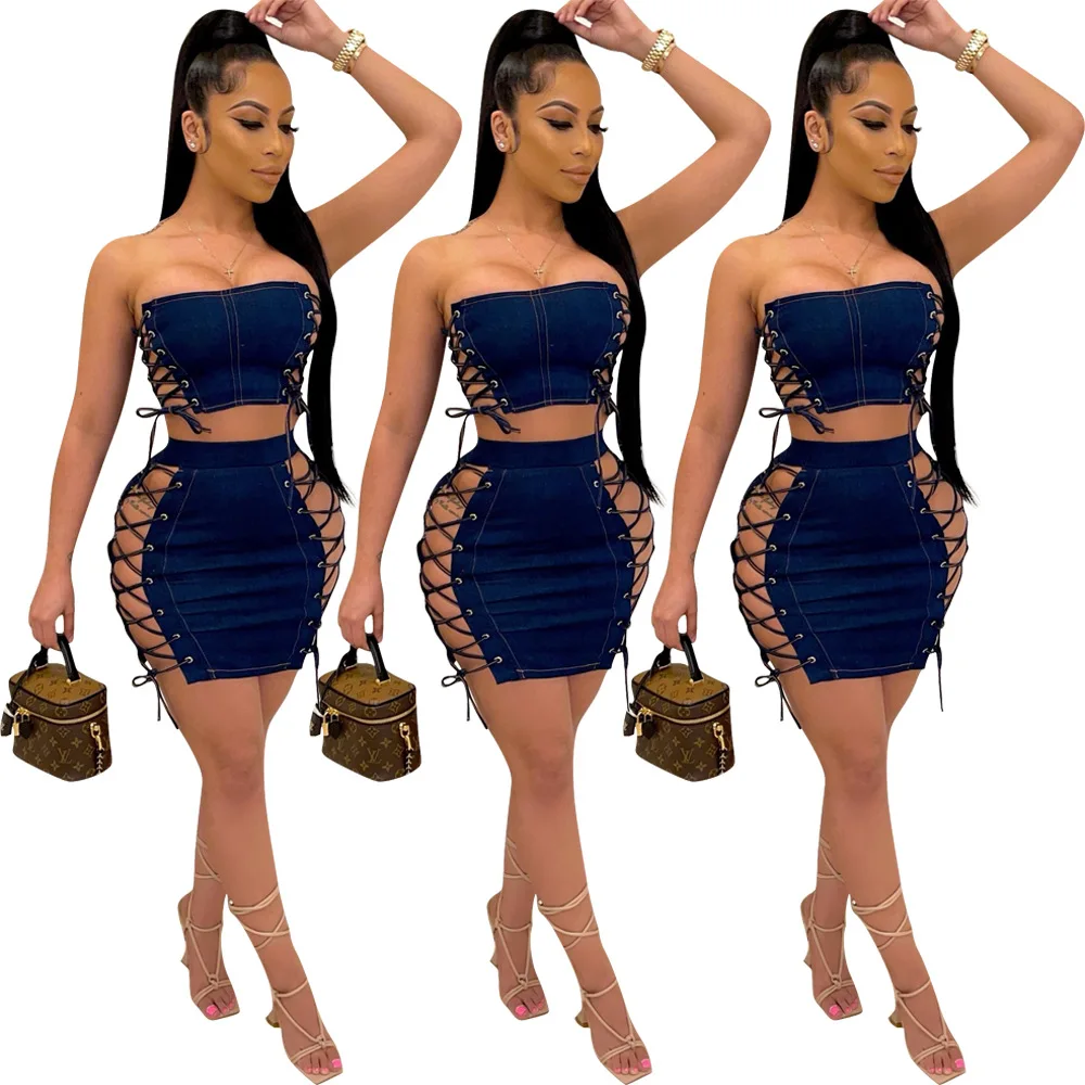 

Two Piece Set Women Skirt Denim Sexy Strapless Top and Mini Skirt Set Ladies Fashion Skirt Sets Summer Outfit Women Club Outfits