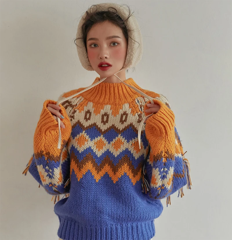 

Женский свитер с высоким воротником и кисточками, теплый толстый Повседневный пуловер, вязаный свитер в винтажном стиле, зима 2021
