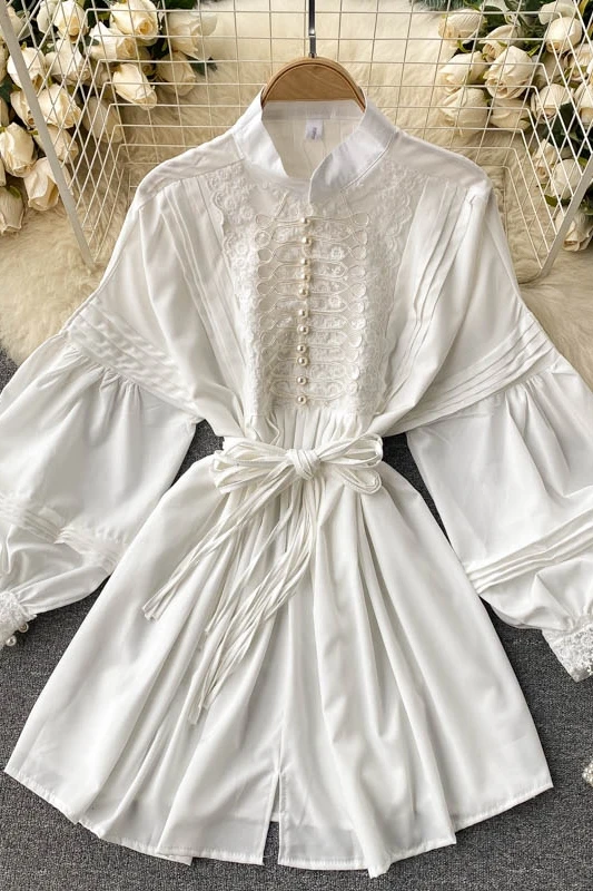 

2021 Spring and Autumn New Palace Style Dress Stand-up Collar Slim Fit Short Retro Lantern Sleeve Loose Pleated Small Dress