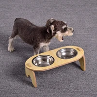pet dog raised bowl for cats wood elevated stand neck care food water bowls with steel bowls for puppy kitty foot dish holder