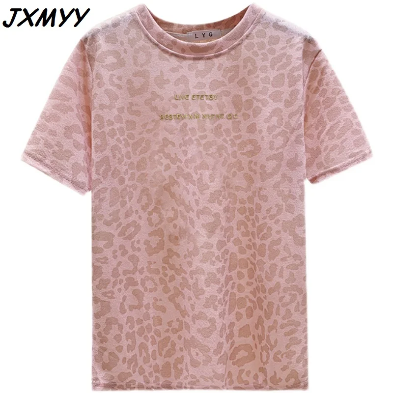 

2021 Summer New Loose Wild Ice Silk Leopard Print Fashion Elegant Embroidery Round Neck Short Sleeve T-Shirt Women JXMYY