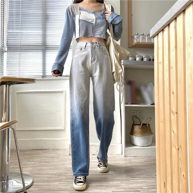

Distressted Ripped Women's Wide Leg Jeans 2021 Summer High Waist Thin Loose Gradient Jean Female Fashion Lady Bottoms Streetwear