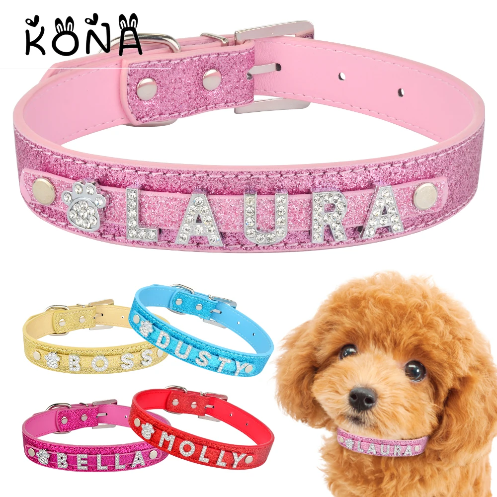 

Personalized Dog Collar Leather Rhinestone Bling Charms Custom Pet Dogs Cat Name