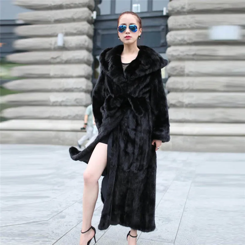 BFFUR 120cm Long Black Mink Fur Coats With Hood Fashion Winter 2022 New Women Genuine Mink Fur Coat Full Pelt Fur Overcoats