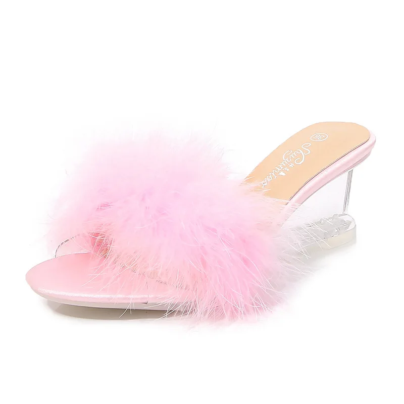 

Women's Summer New Simple Slope Heel Slippers Woman Transparent High Heels Faux Fur Wedges Sandals Furry Slides for Women