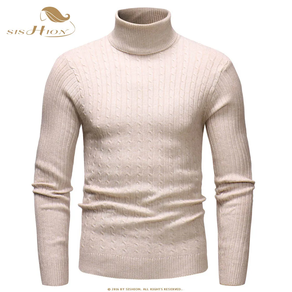 Beige-White SISHION осенний теплый свитер с воротником под горло мужской модный однотонный вязаный мужской s свитер QY0336 Повседневный тонкий пуловер Mem - Цвет: Beige-White