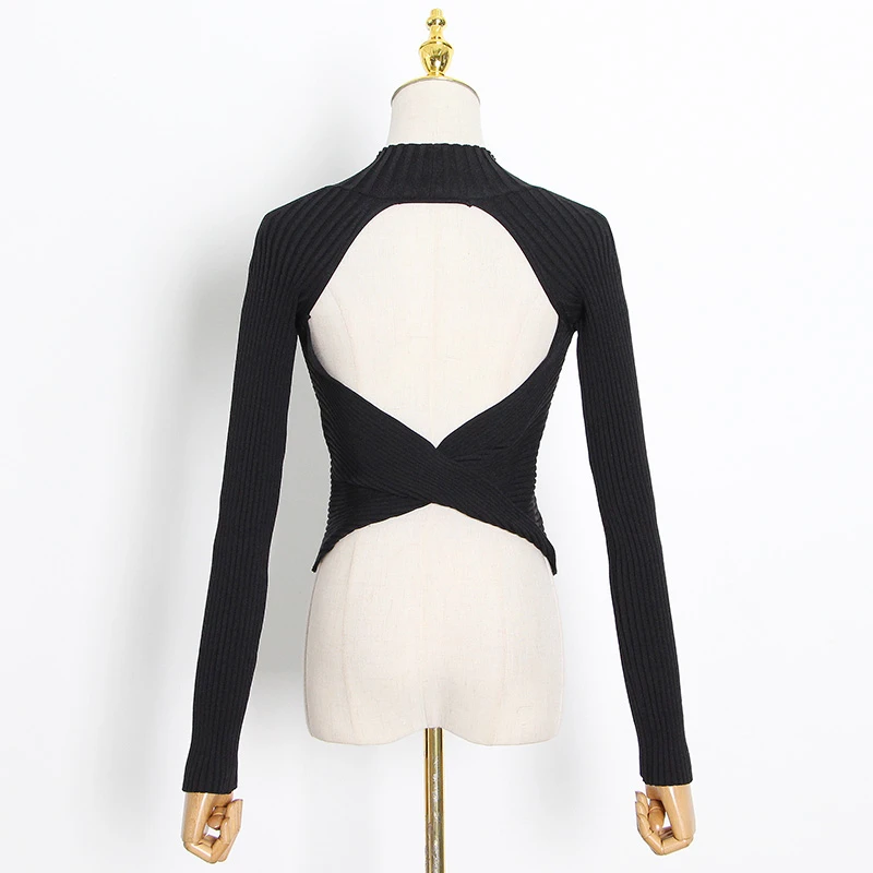 

VGH Slim Knitted Striped T Shirt For Women Turtleneck Long Sleeve Backless Casual Elegant T Shirts Female 2020 Fashion Clothing