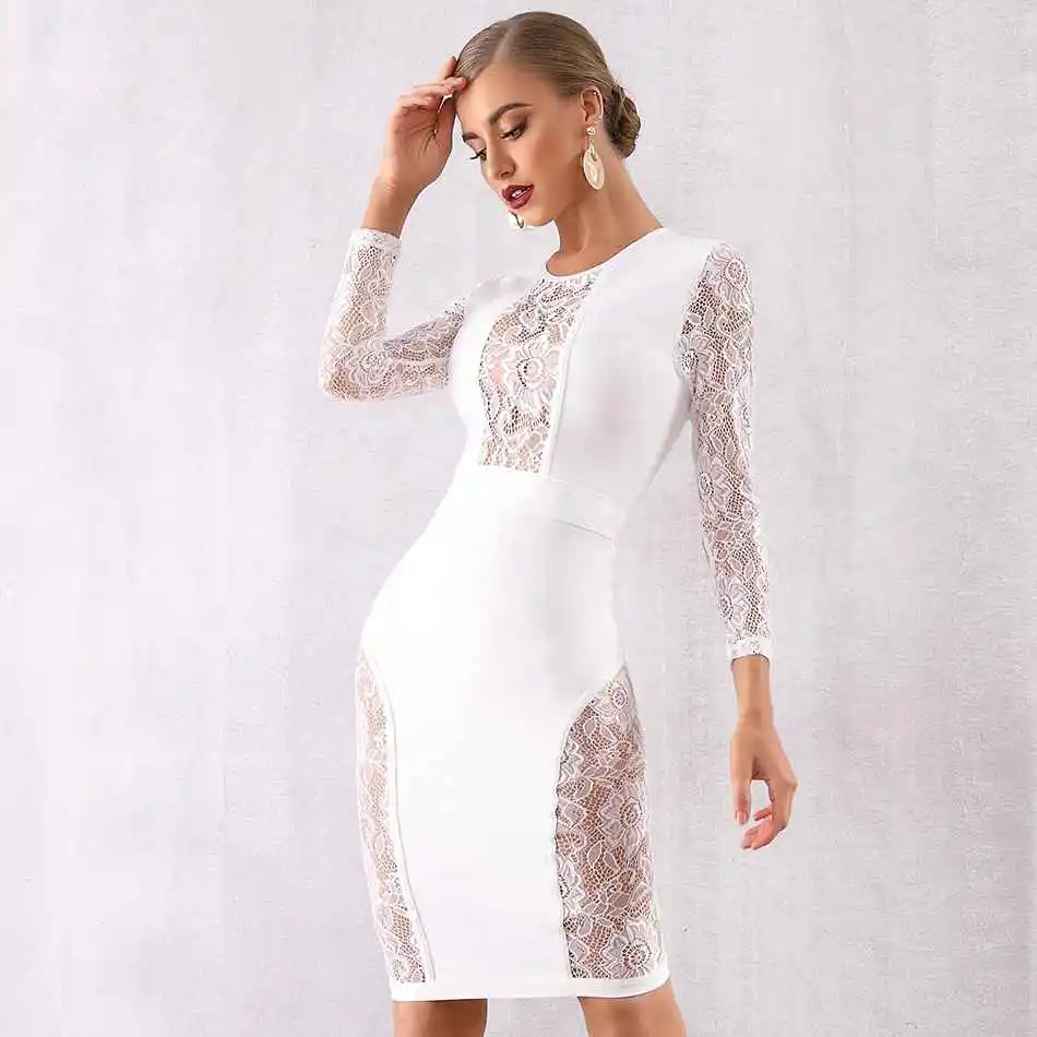 Seamyla Новое Бандажное платье для женщин Vestido черное кружевное вечернее платье знаменитостей сексуальное облегающее Клубное платье миди с длинным рукавом