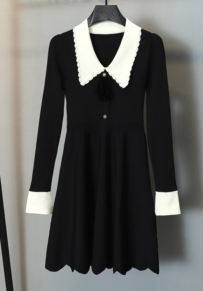 

Женское трикотажное платье с бантом, черное платье трапециевидной формы с пуговицами и жемчужинами, в стиле ретро, зима 2021