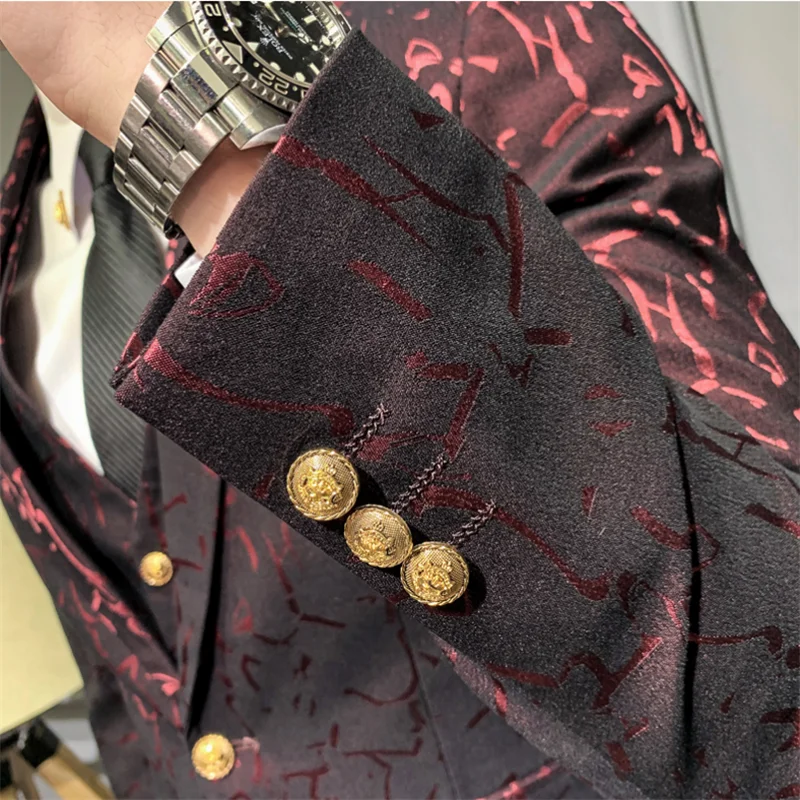 

Luxury Men Suit Sets Latest Coat Pant Vest Design Dress Suits Floral Slim Men's Groom Tuxedo Suit Royal Blue Burgundy Men Suits