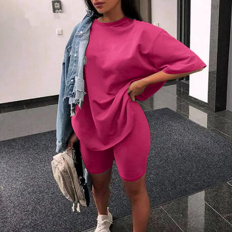 

Solid Casual Women Two Piece Suit with Belt Mid-sleeve O Neck Loose Korean SweatShirts Summer Famale Fashion Slim Elastic Shorts