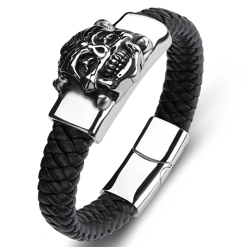 

Fashion Handmade Braided Leather Bracelet Men Punk Hiphop Jewelry Stainless Steel Skull Bangle Male Skeleton Wristband Gift P120