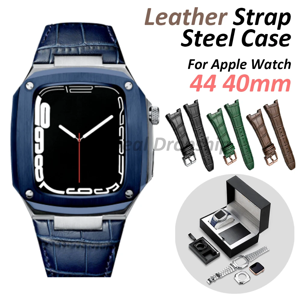 

Metal Case With Leather Strap For Apple Watch 6 44mm 40mm SE 5 4 Luxury Watch Set for I Watch 44mm 40mm Stainless Steel Cases