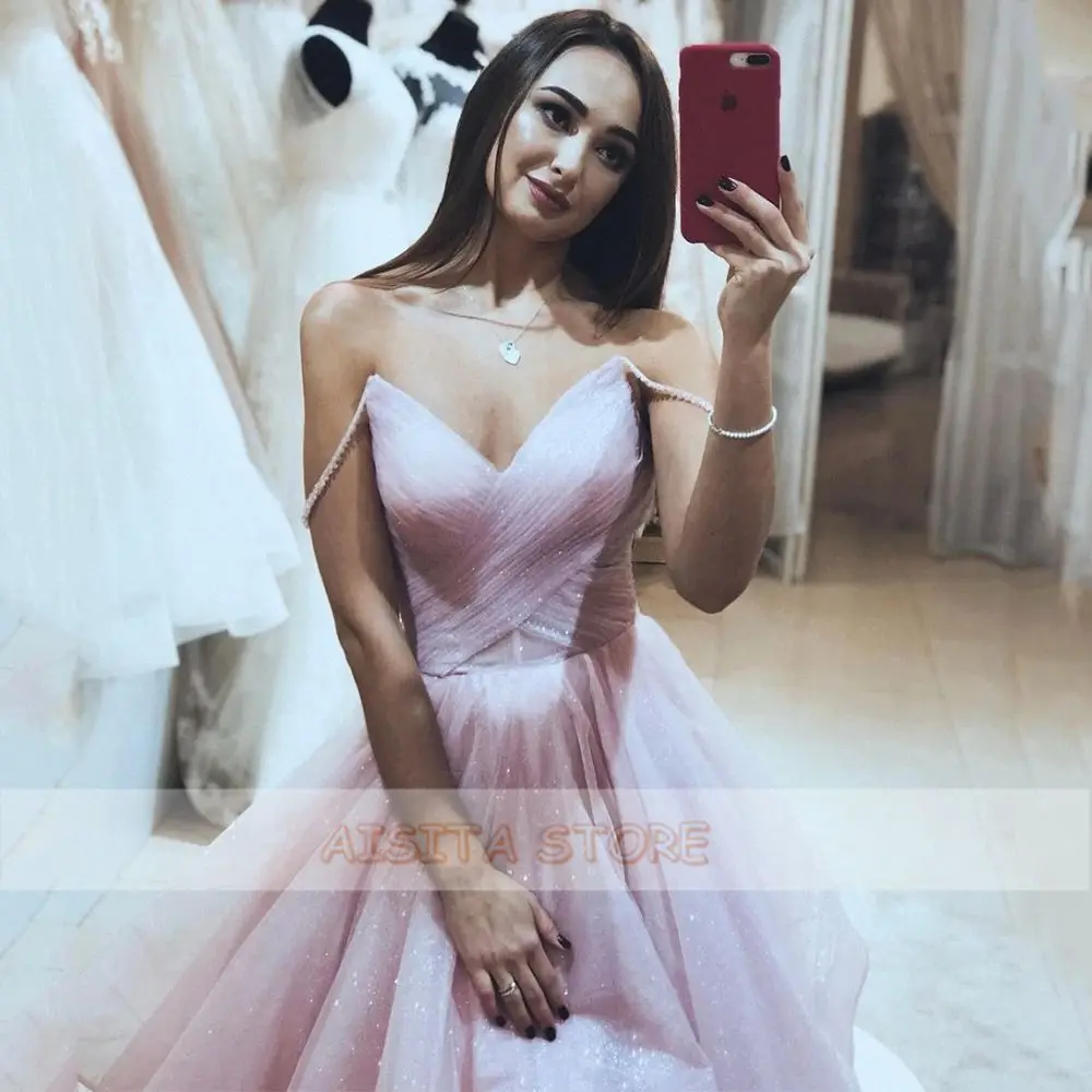 

Elegant Pink A Line Prom Dresses Spaghetti Straps Sweetheart Sleeveless Shinning Ruffles Floor-Length Formal Evening Party Gowns