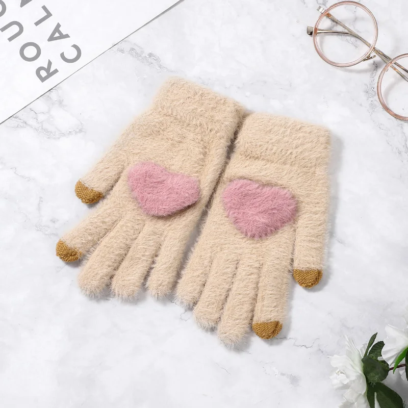 Beige Зимние милые женские вязаные перчатки мягкие с сенсорным экраном из кроличьей шерсти теплые розовые рукавицы женские перчатки - Цвет: Beige