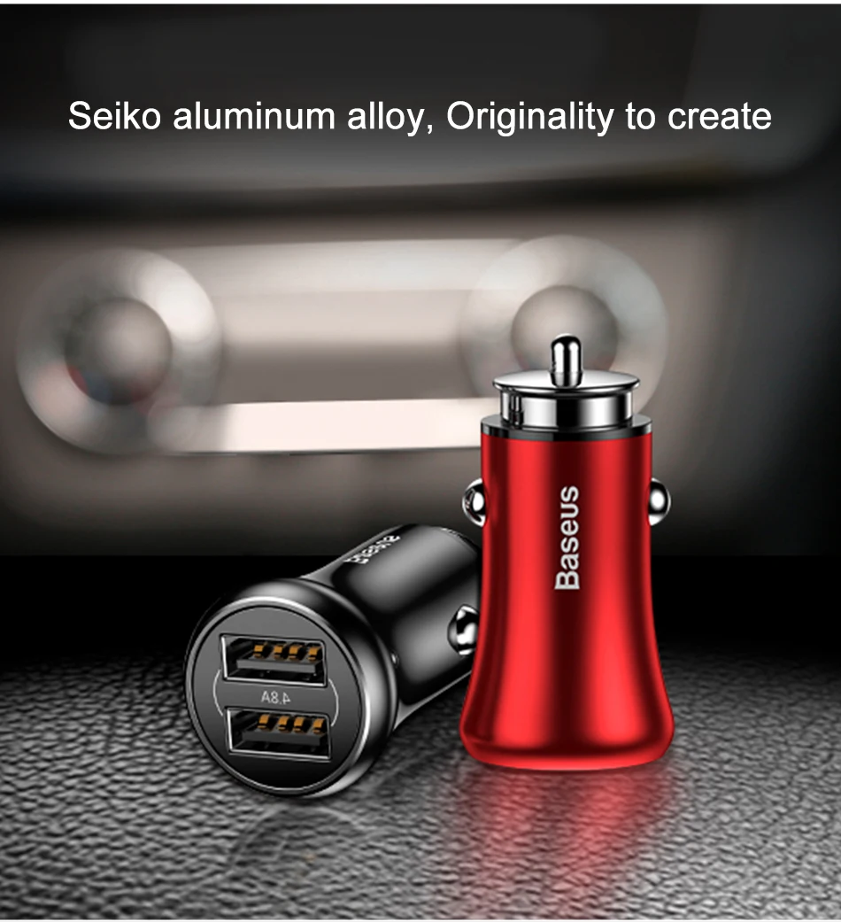 BASEUS двойной Переходник USB для зарядки в машине 4.8A мини металлическое автомобильное зарядное устройство для мобильного телефона автомобильное USB зарядное устройство автоматическая зарядка 2 порта 24 Вт для iPhone
