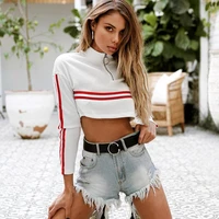 2021 european and american high collar long sleeve knitted stitching fashion sweater short open navel color contrast ribbon