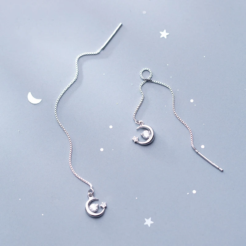 

DIH11 Real 925 Sterling Silver Moon Long Drop Earrings Cute Moon and Zircon Pull Through Threader Earrings for Women