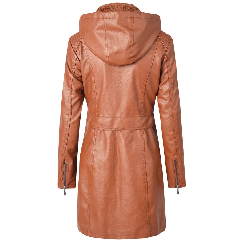 Winter Crop Hooded Detachable Thickened PU Long Windbreaker Warm/windproof Temperament Business Long Sleeve Zipper Retro Coat
