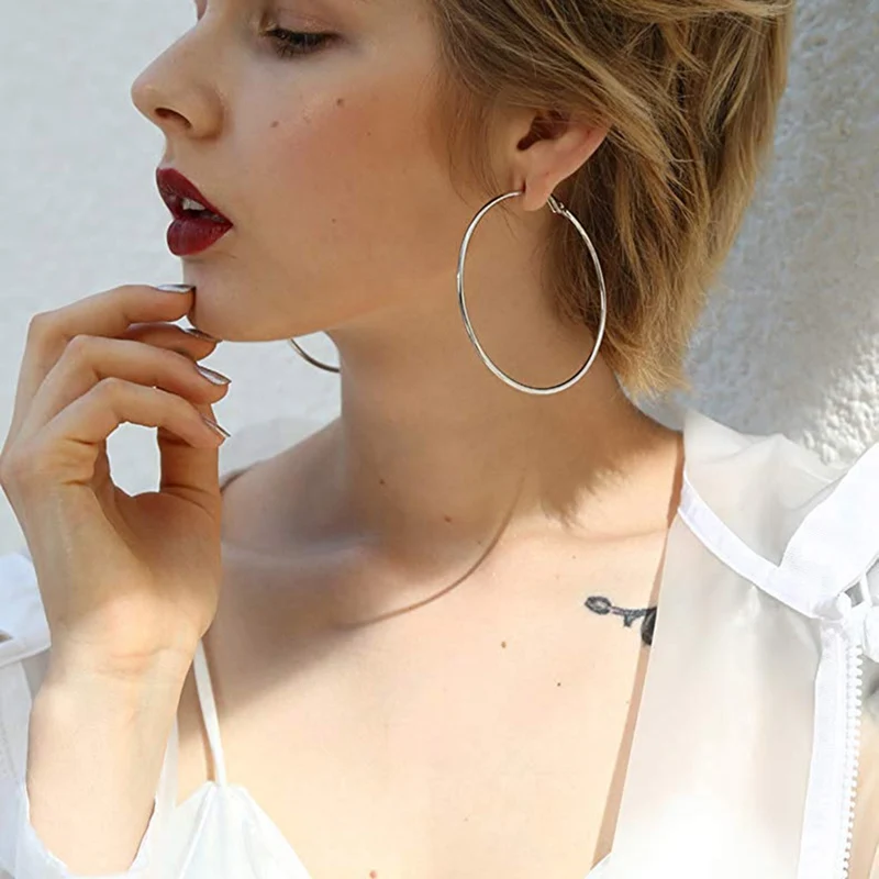 Женские большие круглые серьги обручи простые из титановой стали массивное