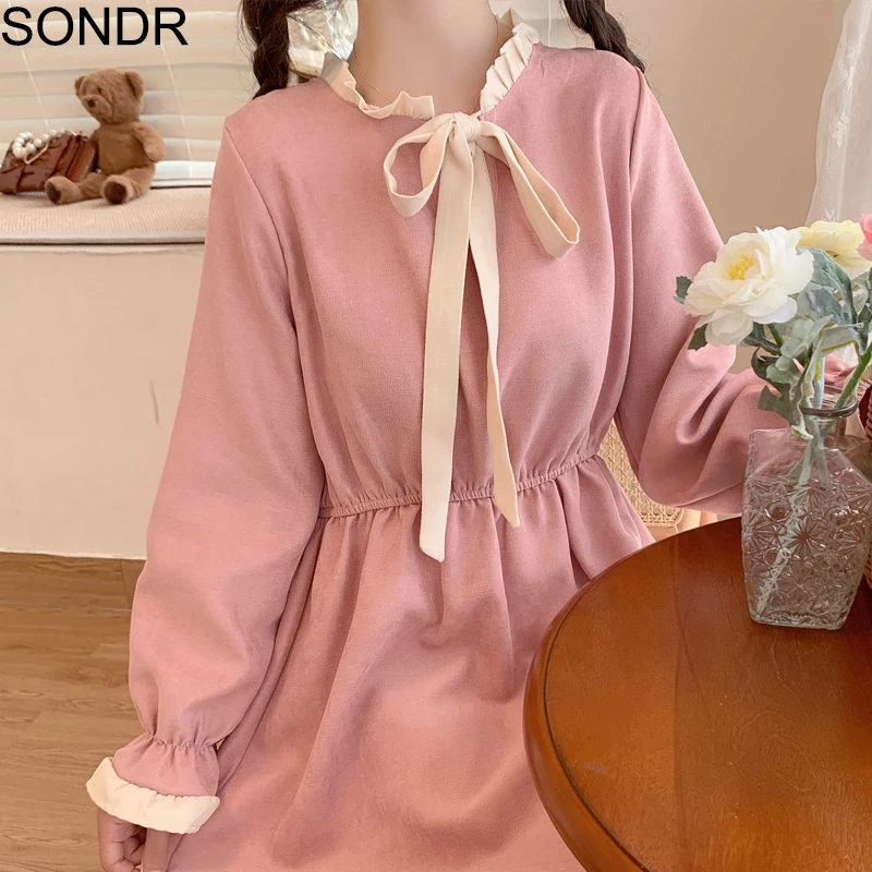 

One Piece Dress Women Autumn French Vintage High Waist Slim Stitching Ruffled Dresses Vestidos Sweet Cute Mori Girl Pink Dress
