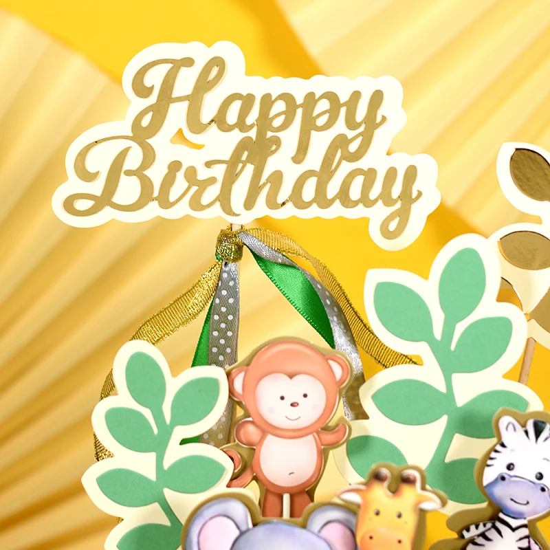 Блестящий торт со слоном и животными Topper с днем рождения золотое украшение для