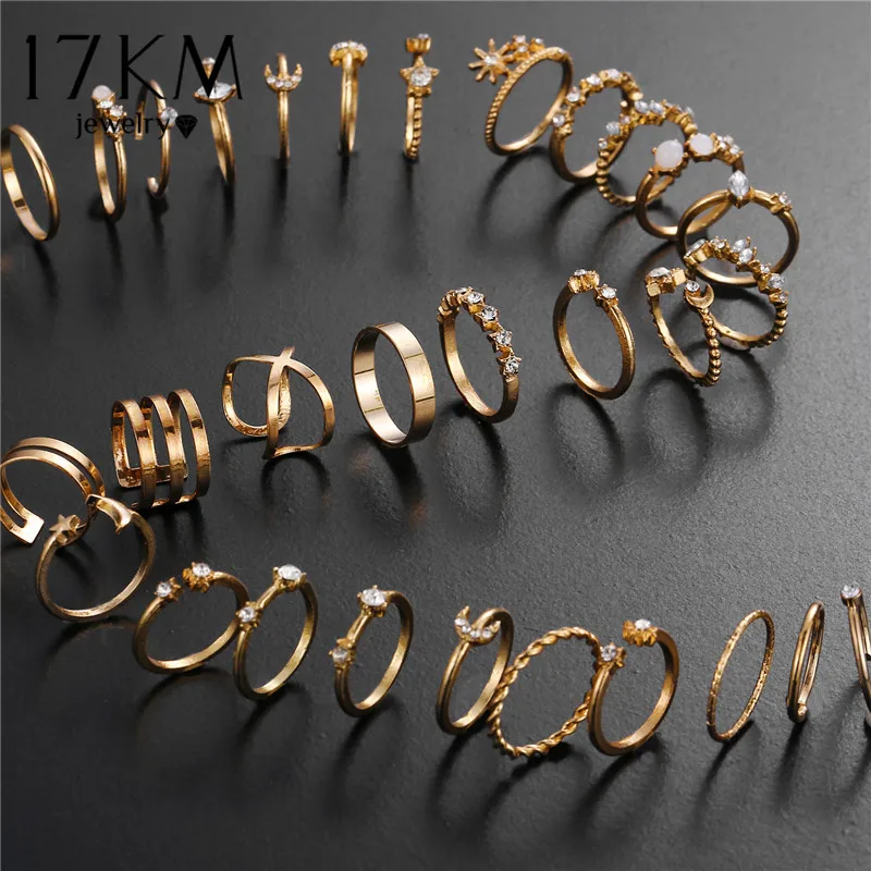 Комплект колец 17KM в богемном стиле Женский винтажные золотые кольца с бусинами