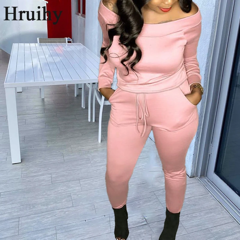 

Sexy 2 Piece Set Women Off Shoulder Long Sleeve Tops&long Pants Elastic Waist Lace Up Clothing Sets Women Autumn Set 2 Pieces