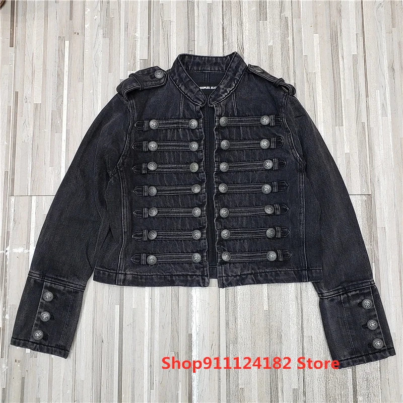

European Goods Black Rivet Denim Short Jacket Female Spring and Autumn Long-Sleeved Stand-Up Collar Personality Trend Handsome