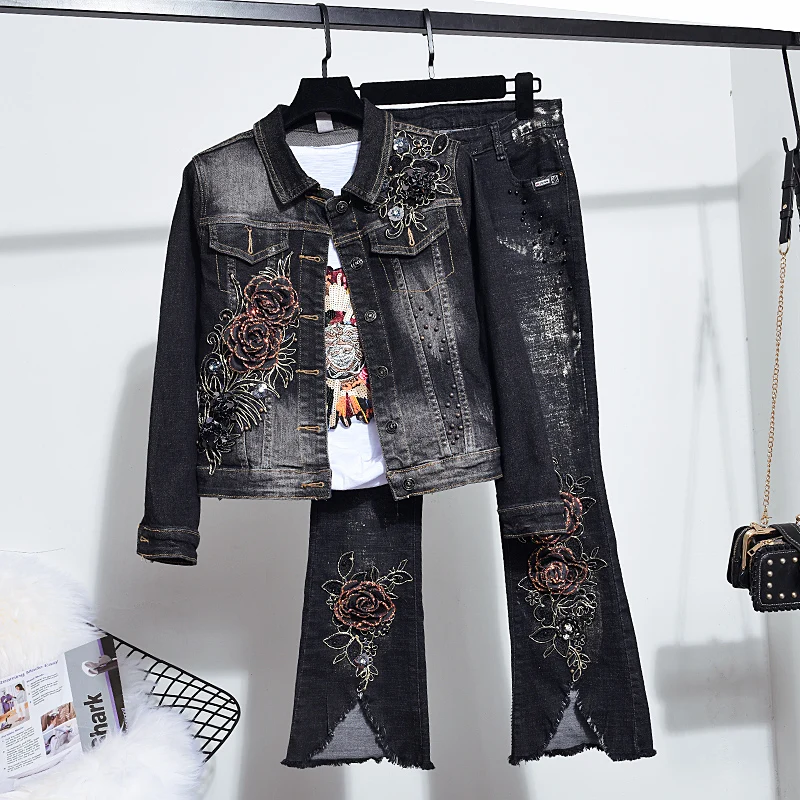 

Streetwear Fashion Handwork Beading Embroidery Flowers Denim Jacket Split Boot Cut Pants Two Piece Set Female Casual Jeans Suit