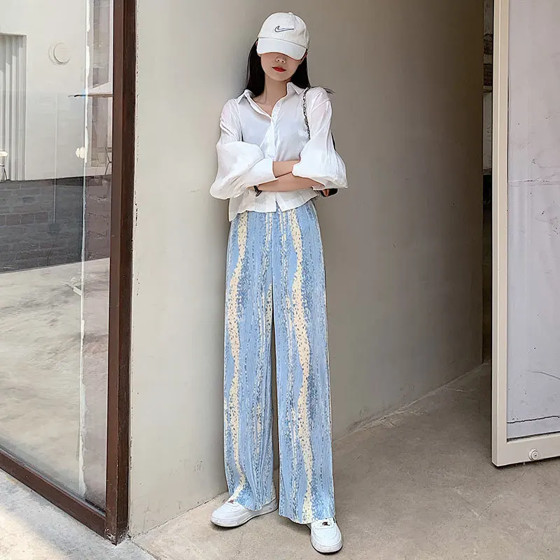 

2021 new style tie-dye wide-leg pants women's high-waist drape summer thin loose straight-leg slim casual pants stacked pants