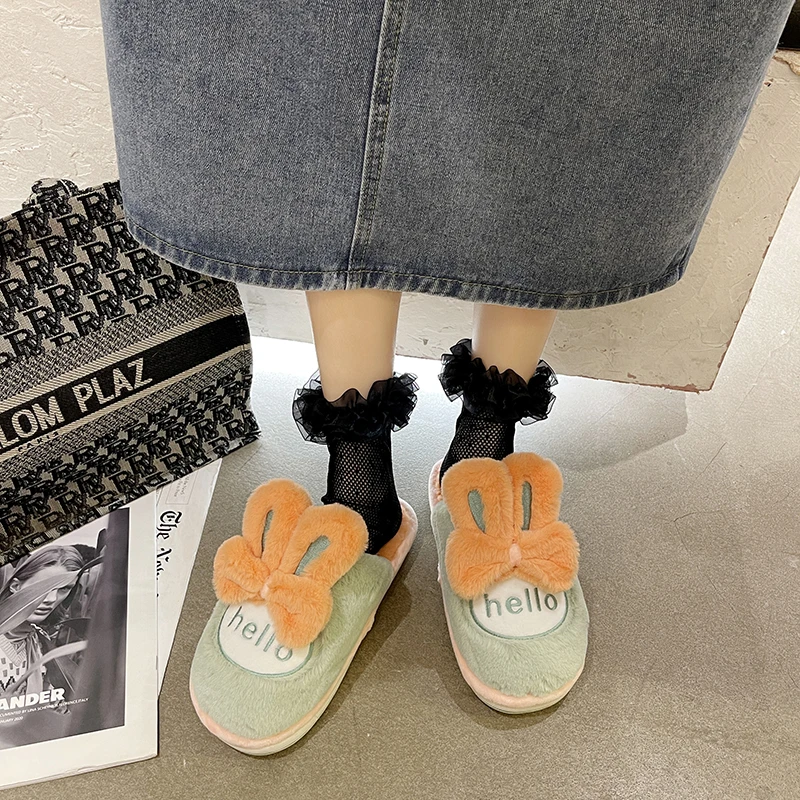 

Winter Women House Slippers Faux Fur Fashion Warm Shoes Woman Slip on Flats Female Slides Black Pink cozy home furry slippers