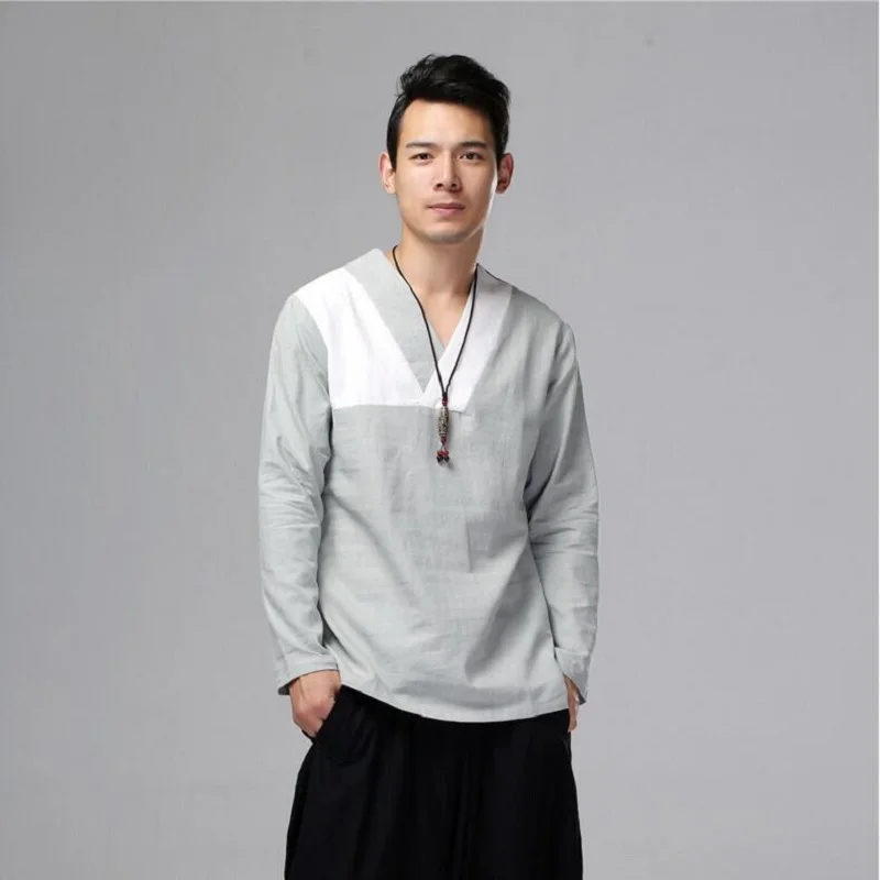 

Men's Long Sleeves Kong Fu Shirts V-Neck Line Base Wear Chinese Style Retro Solid Color Shirts Loose Autumn New Clothing SY0004