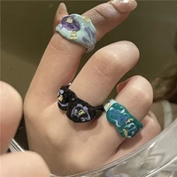 zn korean fashion dripping oil painted plant flower pattern ring with colorful gold foil open ring for women jewelry gift