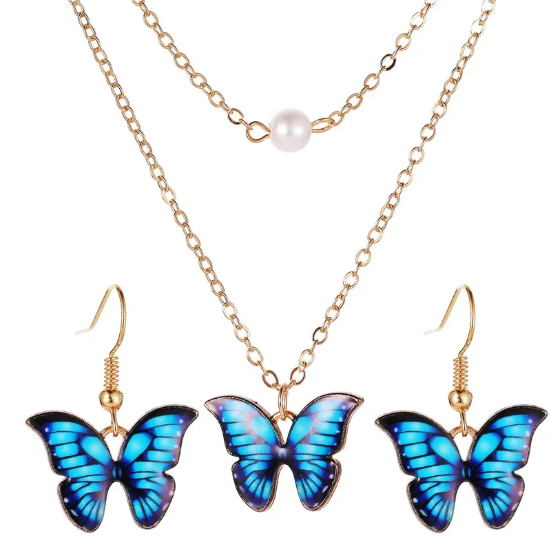 SOHOT Cute Trendy Colorful Enamel Butterfly Pendant Women Jewelry Set Romantic Double Necklace Earrings For Female Birthday Gift | Украшения