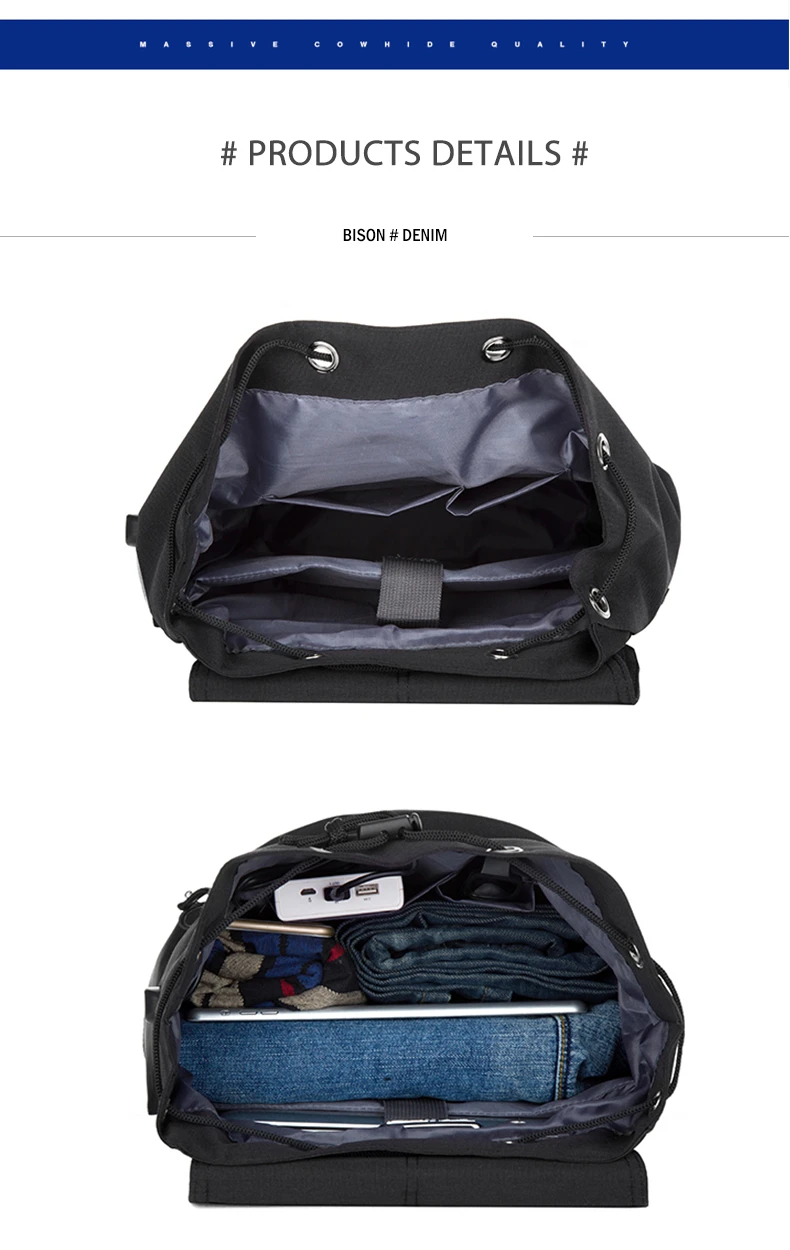 BISON DENIM Модные мужские рюкзаки большой 15 дюймов ноутбук водонепроницаемые дорожные сумки для мужчин USB Противоугонная школьная сумка N2715