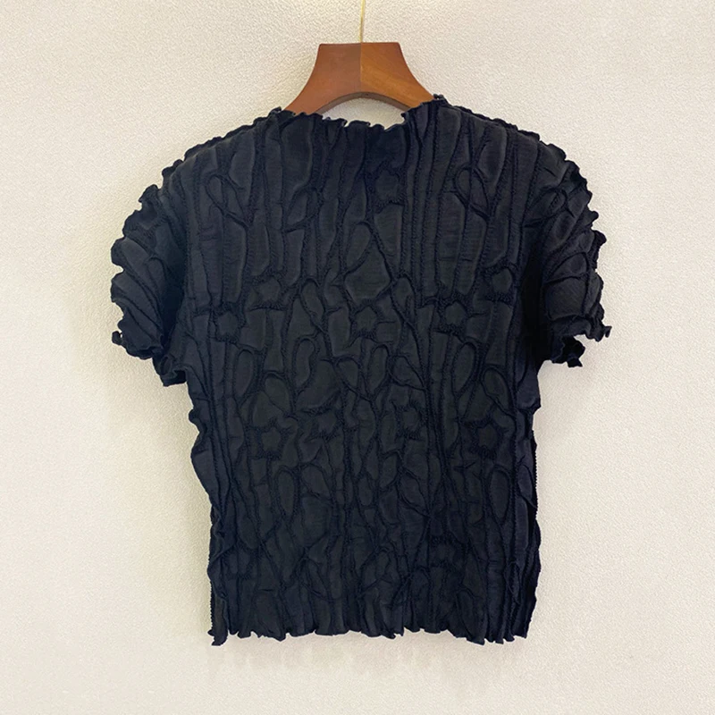 

CHICEVER Casual Embroidery T Shirt For Women O Neck Short Sleeve Vintage Ruched T Shirts Female Fashion 2021 Summer Clothing New