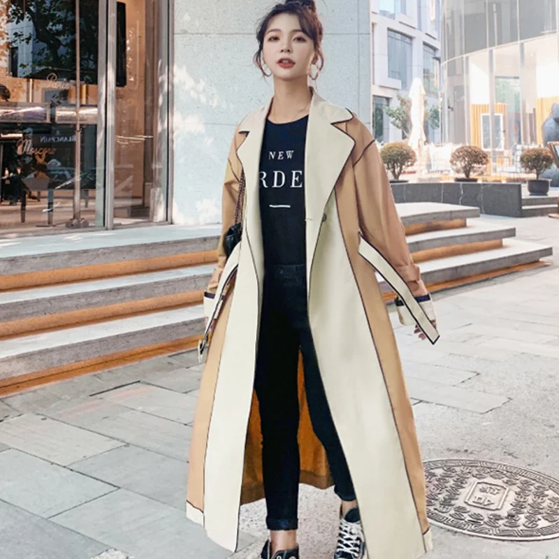 

2020 Spring And Autumn New Ladies Windbreaker Fashion Contrast Color Elegant Temperament Over The Knee Long Coat Women