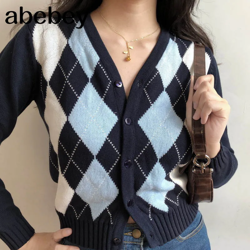 

Cardigans a manches longues et col en V pour femmes, pull tricote a carreaux, Vintage, simple boutonnage, mode, coupe Slim,