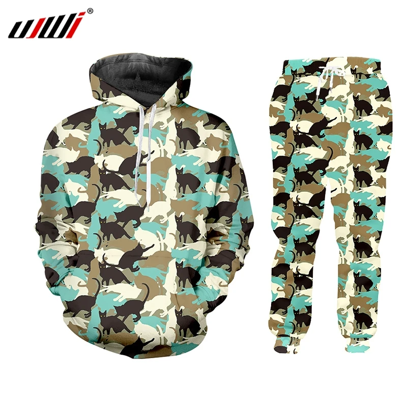 UJWI 3D толстовки на молнии с котом костюмы для мужчин толстовка джоггеры забавный