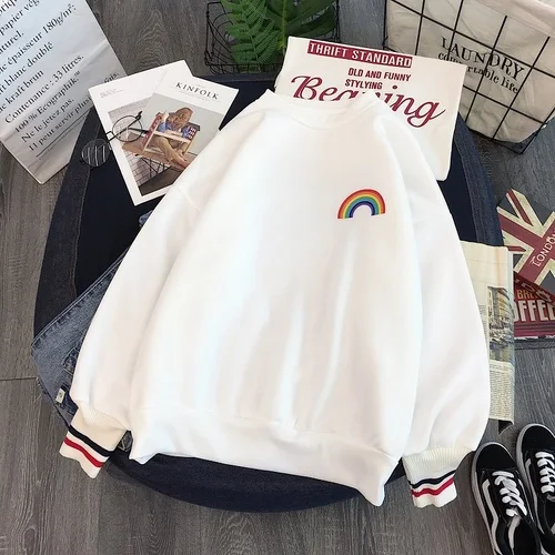 Xian 850 bai Harajuku Радуга вышивка флисовые толстовки для женщин Корейский Kawaii кофты Усаги 90s Эстетическая негабаритных толстовка для девочек уличная одежда - Цвет: Xian 850 bai