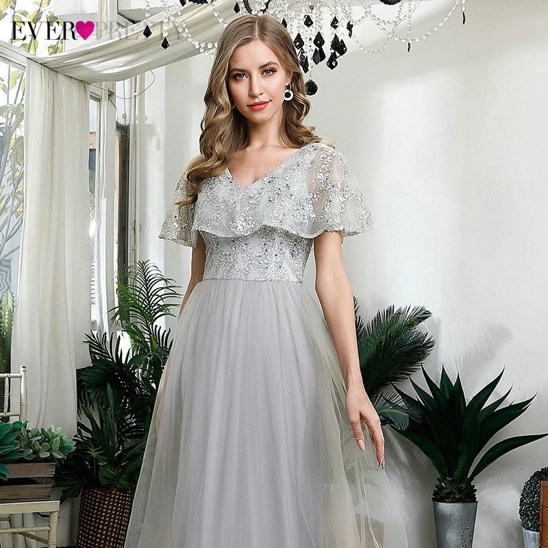 Платье подружки невесты Ever Pretty ТРАПЕЦИЕВИДНОЕ Тюлевое платье серого цвета с V